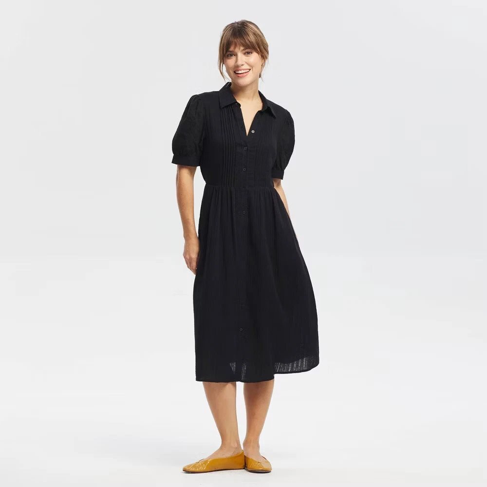 Women Puff Short Sleeve Eyelet Midi Shirtdress - Picture 3 of 3